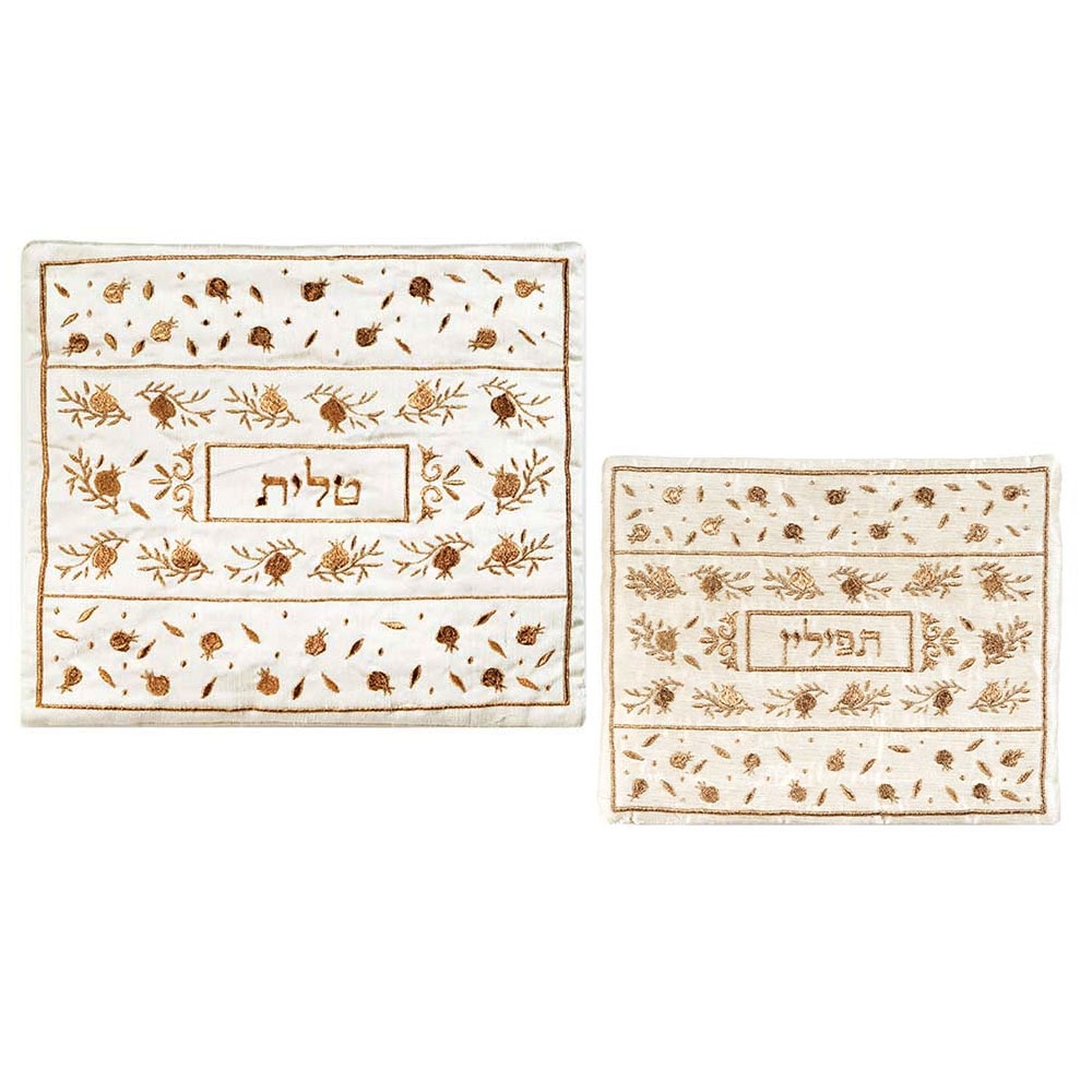 Yair Emanuel Embroidered Tallit and Tefillin Bag Set - Pomegranates in Gold White - 1