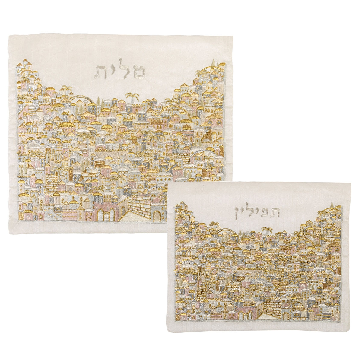 Yair Emanuel Jerusalem Embroidered Tallit and Tefillin Bag Set - White and Gold  - 1