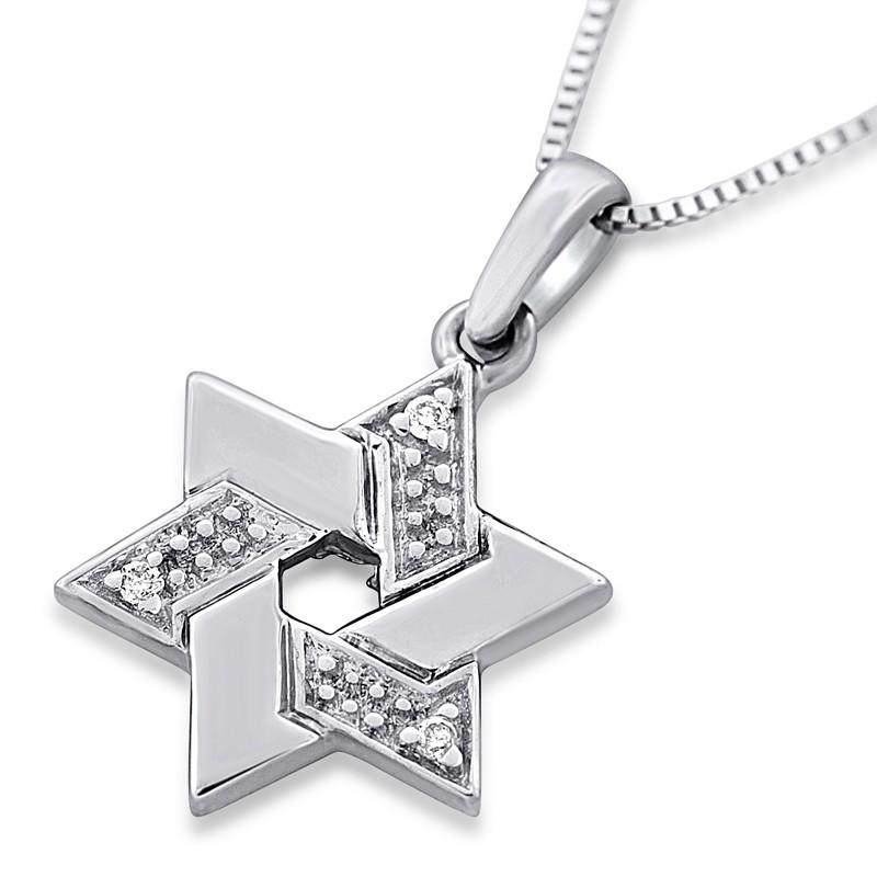 Interlocking Star of David: 14K Gold Necklace with 3 Diamonds (Contrast) - 1