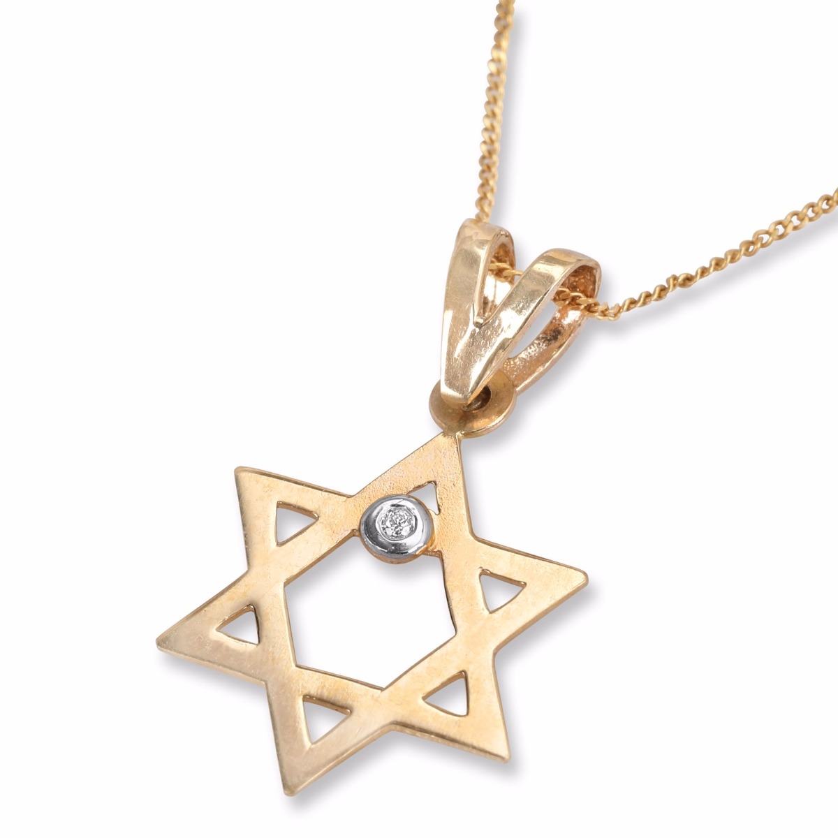14K Yellow Gold Star of David Pendant with Diamond in White Gold Setting - 1