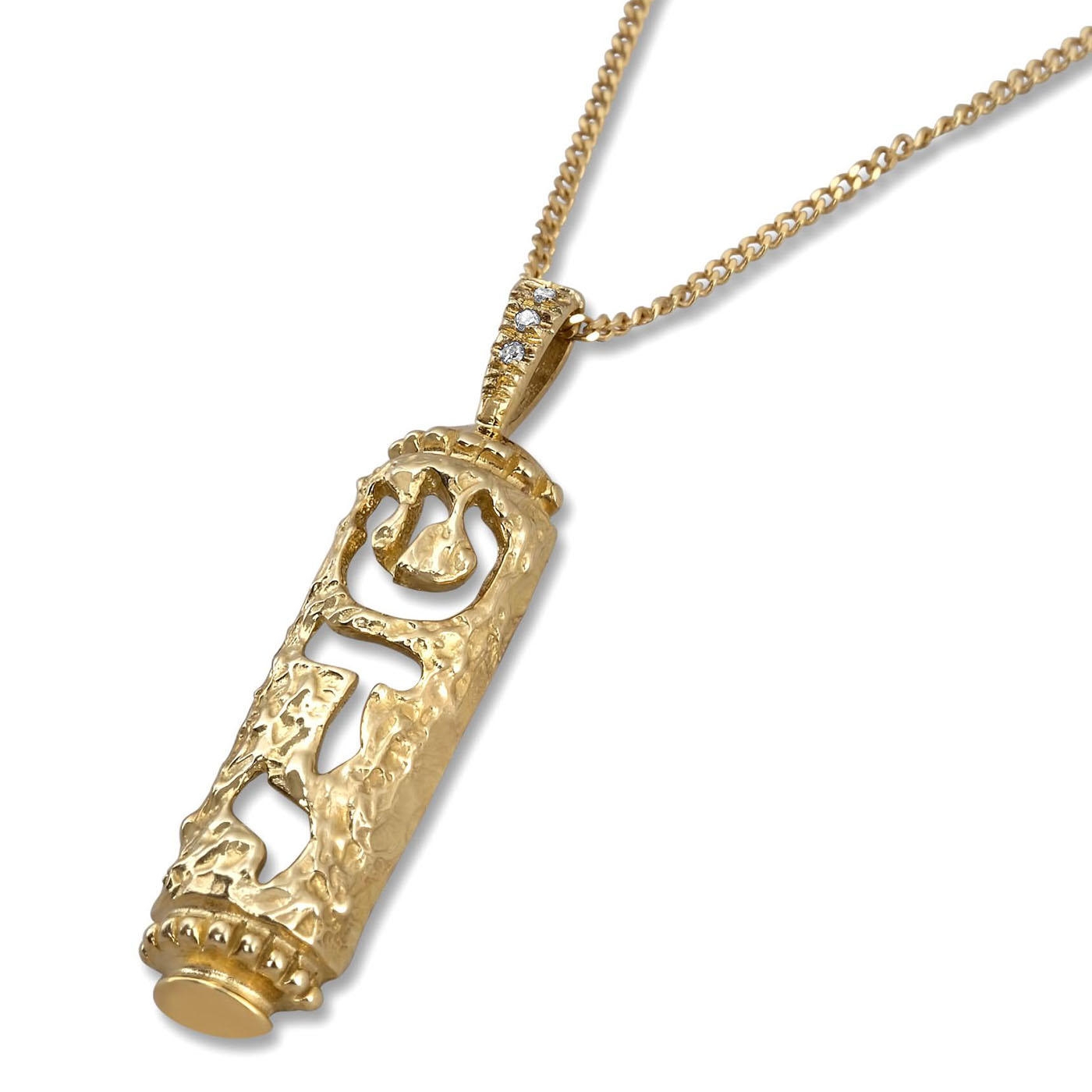 14K Gold Shaddai Mezuzah Necklace with Three Diamonds - 1