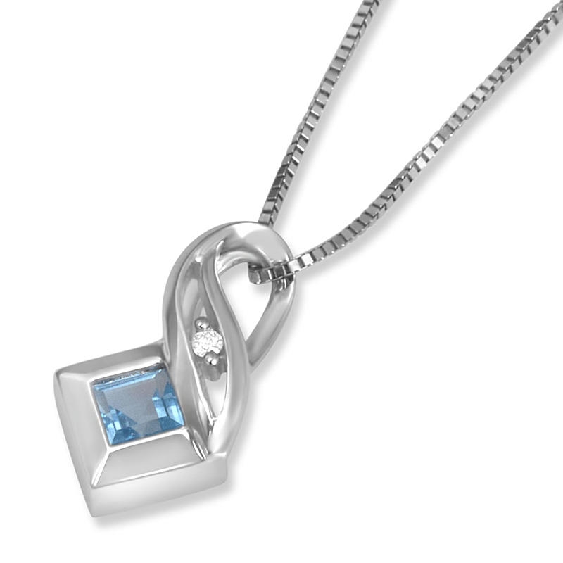 14K White Gold Square Swirl Pendant with Diamond and Blue Topaz - 1