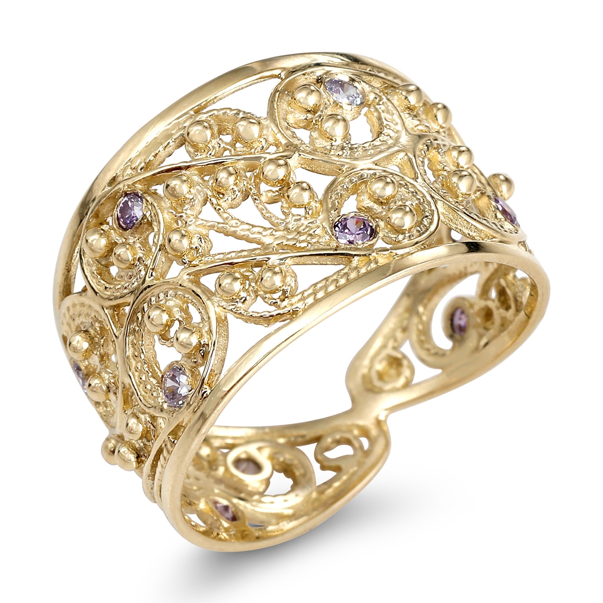 Rafael Jewelry Handcrafted 14K Yellow Gold Filigree Ring With Amethyst and Lavender Stones - 1