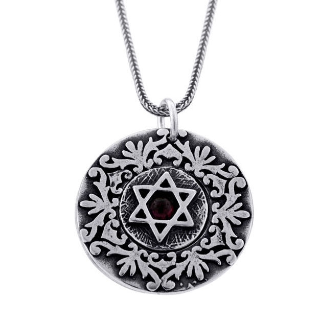 Ana Bekoach, Traveler's & Priestly Blessings: Double Disk Star of David Pendant with Garnet - 2