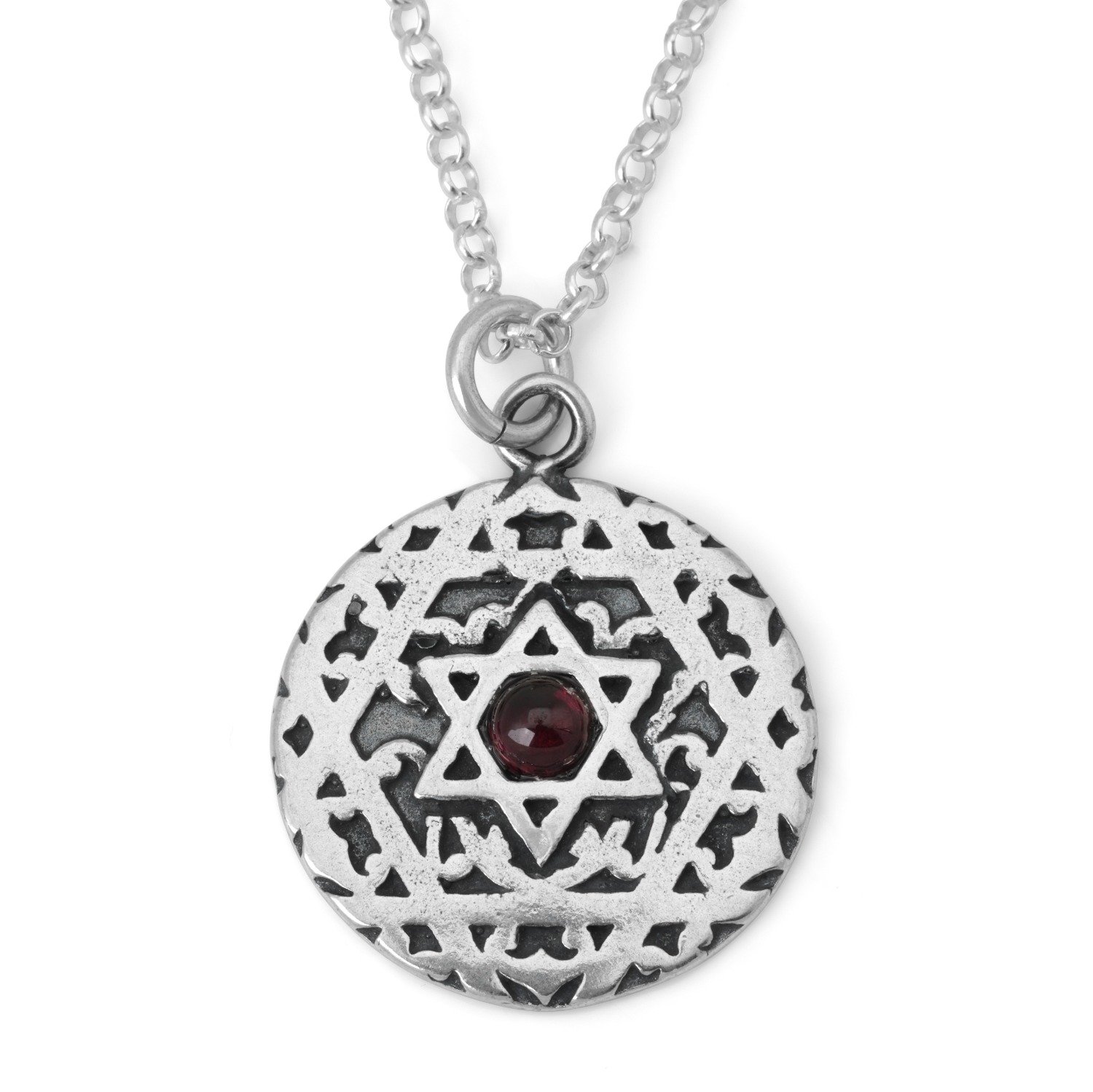Kabbalistic Priestly Blessing: Silver Filigree Star of David Necklace with Garnet Stone - 1