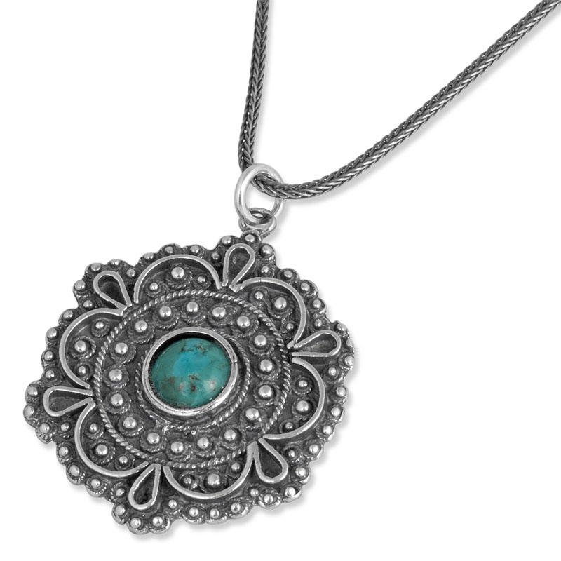 Sterling Silver Hexagon Pendant with Turquoise  - 1