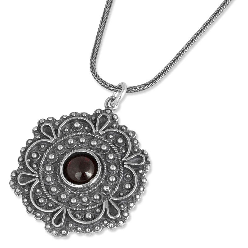 Sterling Silver Hexagon Pendant with Garnet  - 1