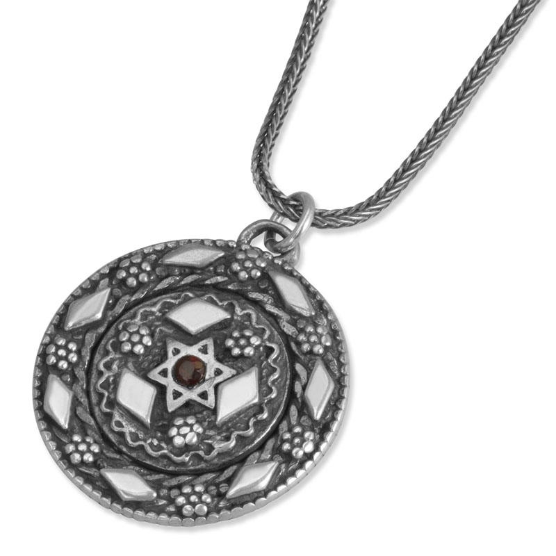 Sterling Silver Disk Pendant with 9K Gold Star of David and Garnet Stone - 1