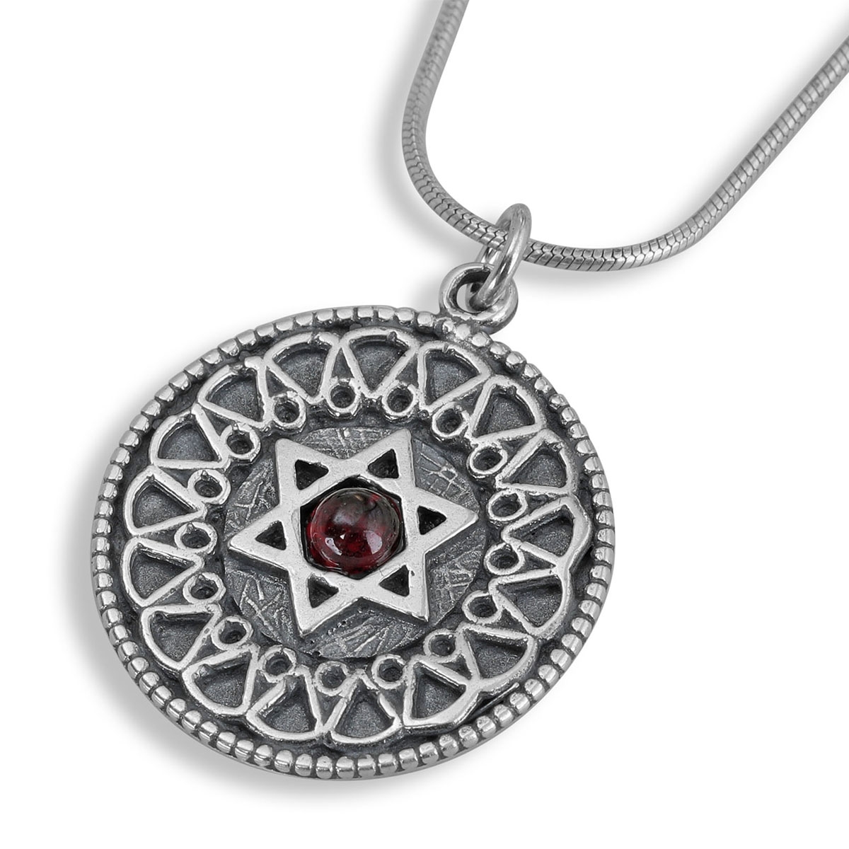 Star of David Red Garnet and Sterling Silver Filigree Necklace  - 1