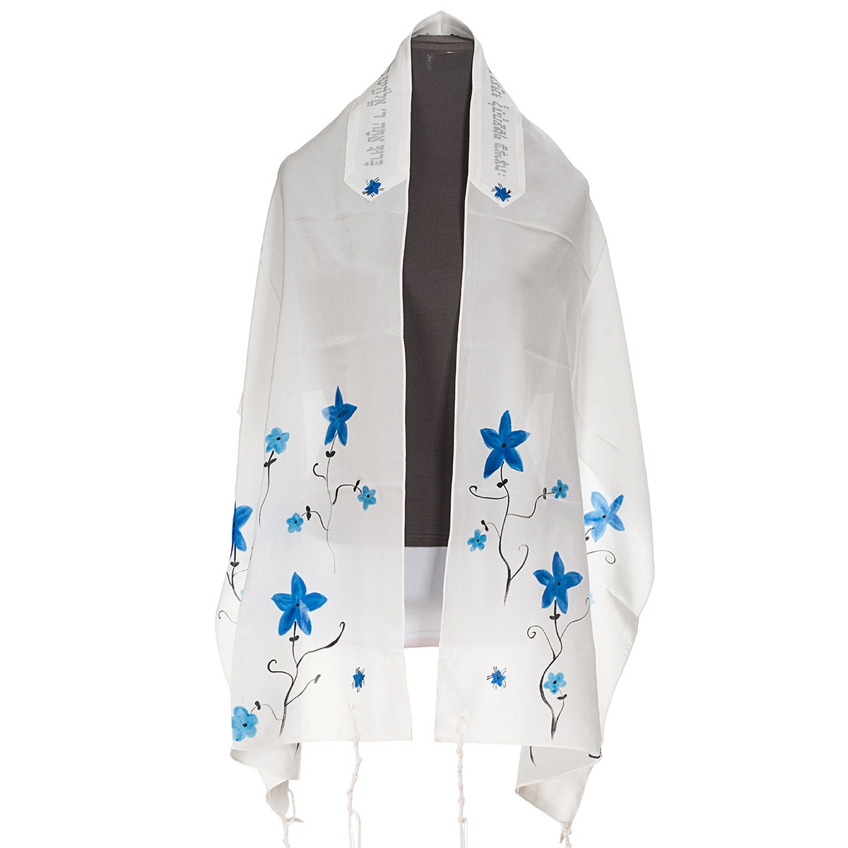 Galilee Silk White with Blue Flowers Tallit for Women  - 1