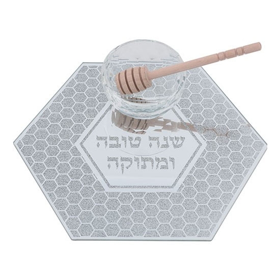 Glass Honey Dish and Spoon with Hexagonal Plate – Honeycomb Design - 1