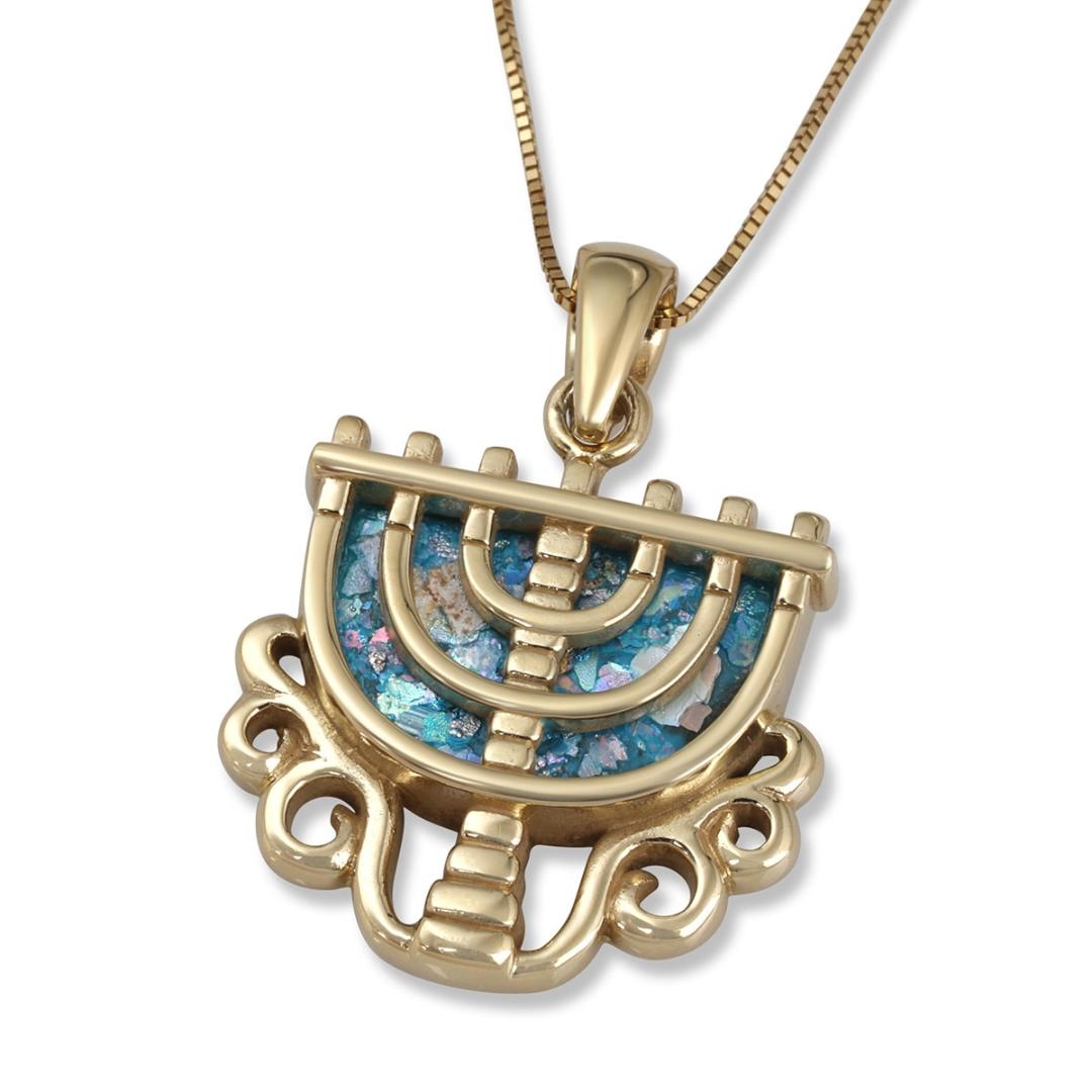 Gold Plated Silver and Roman Glass Seven-Branched Menorah Pendant - 1