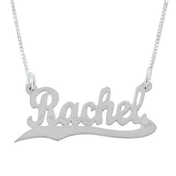  14K White Gold Double Thickness Name Necklace in English - Script with Underline Scroll - 1