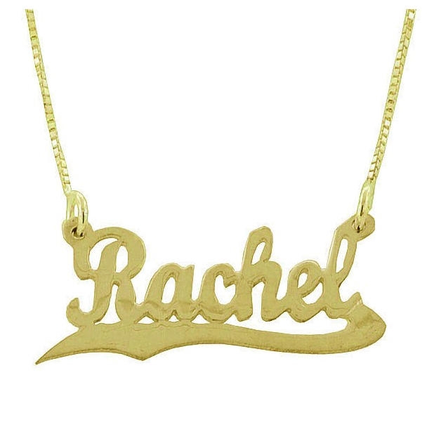  14K Yellow Gold Double Thickness Name Necklace in English - Script with Underline Scroll - 1