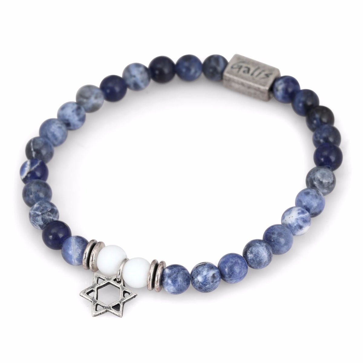 Galis Jewelry White and Sodalite Stones Men’s Bracelet with Silver Star of David - 1