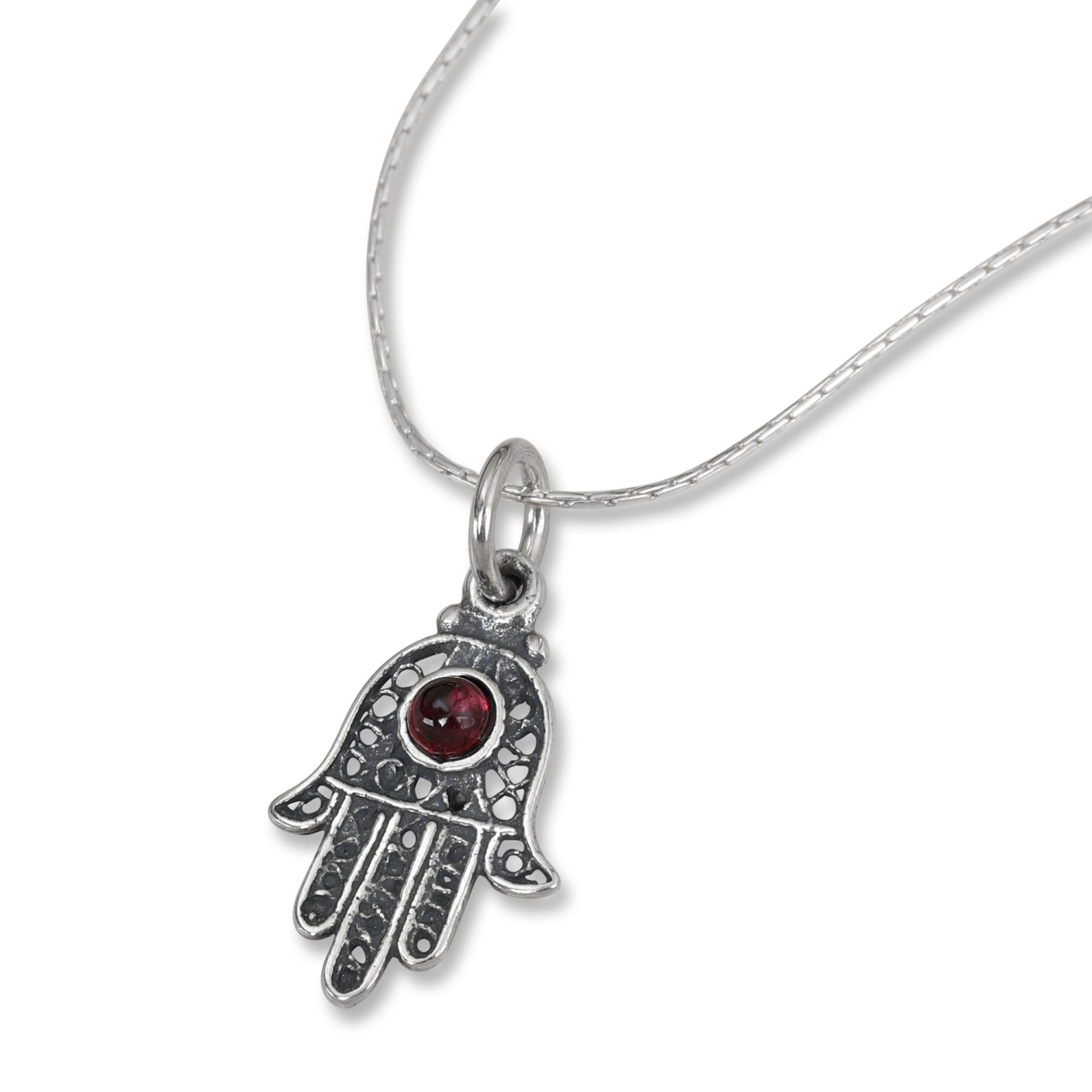 Galis Jewelry Sterling Silver Hamsa Necklace with Garnet Stone - 1