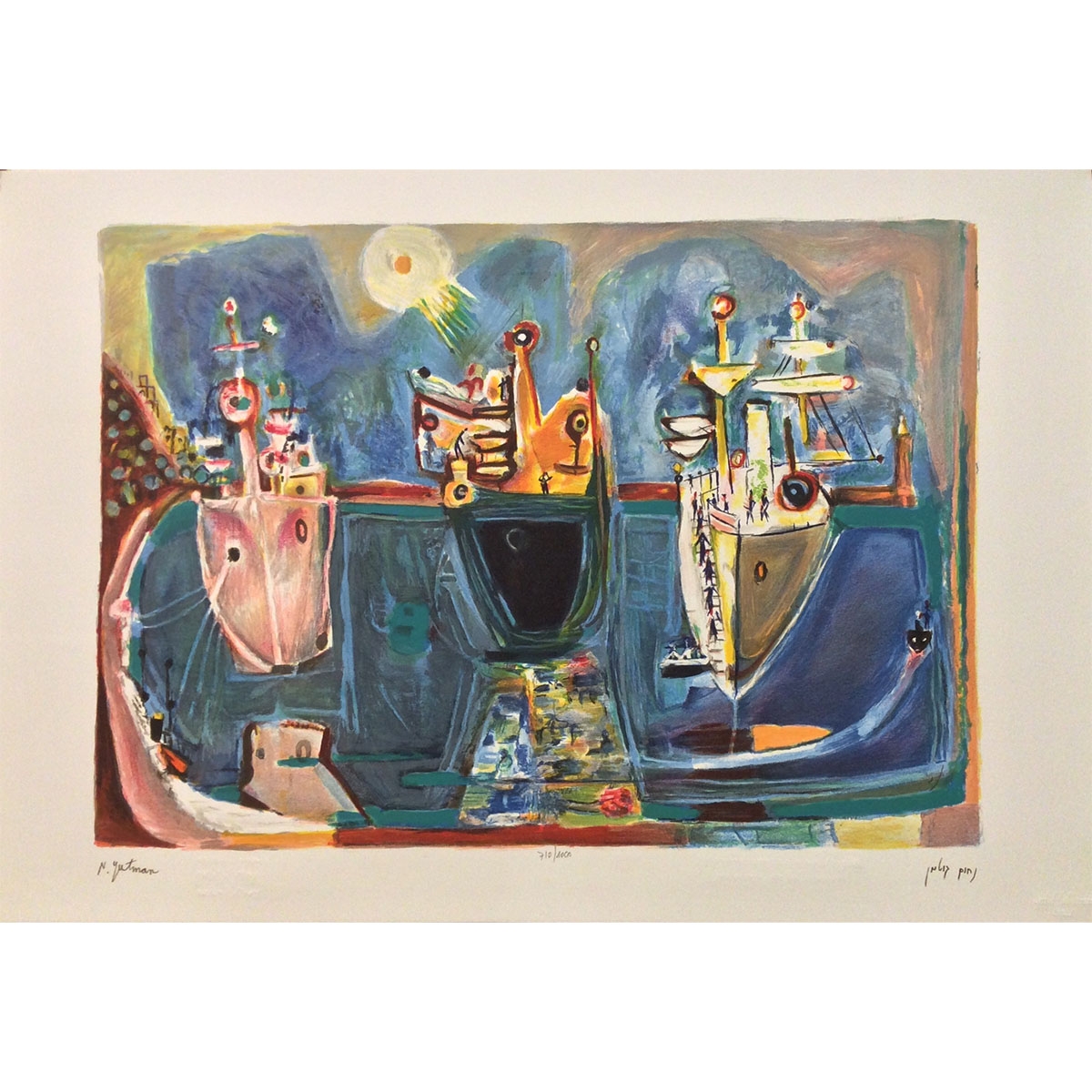  Ships at Shore. Artist: Nahum Gutman. Signed & Numbered Limited Edition Lithograph - 1