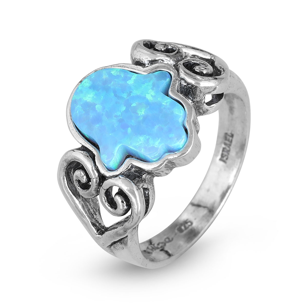 Sterling Silver and Opal Hamsa Ring With Heart Design - 1