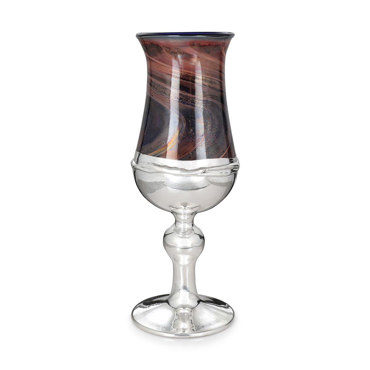 Handcrafted Glass and Sterling Silver Kiddush Cup With Multicolored Swirling Design - 1