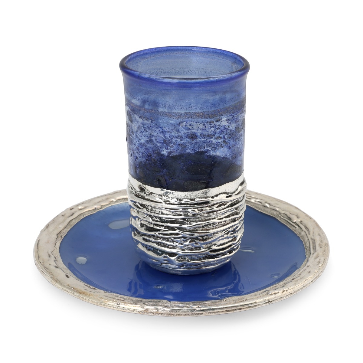 Handmade Dark Blue Glass and Sterling Silver-Plated Stemless Kiddush Cup - 1