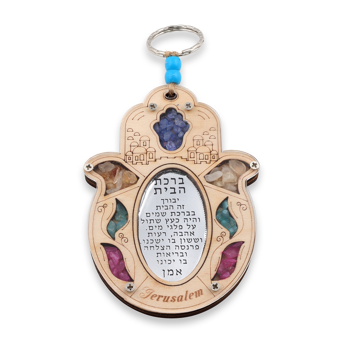 Wooden Jerusalem Hamsa Home Blessing Wall Hanging with Gemstones from Israel  - 1