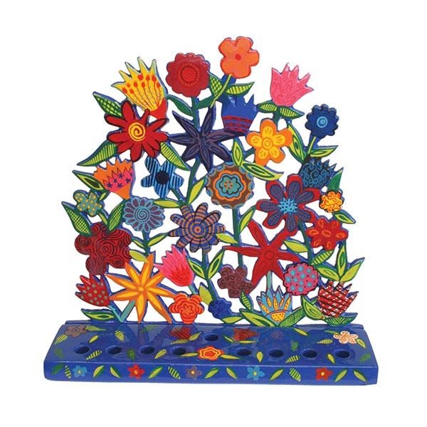 Yair Emanuel Painted Metal Hanukkah Menorah - Flowers - 1