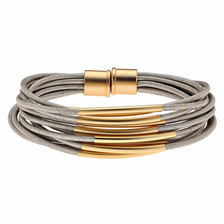 Hagar Satat Leather Gold Plated Multi-String Tubes Bracelet - Gray - 1