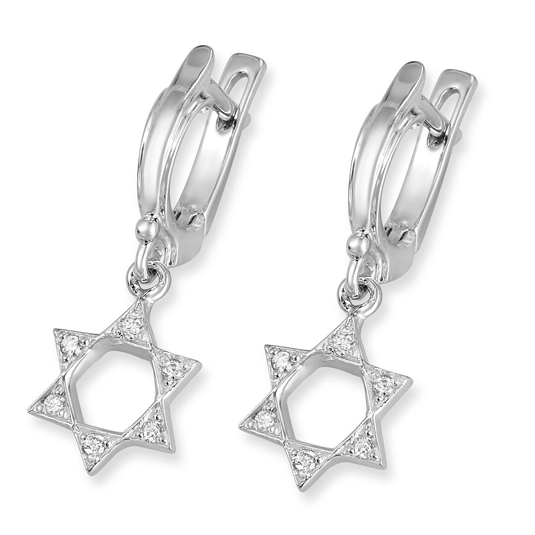 14K White Gold Star of David Earrings with Diamonds - 1