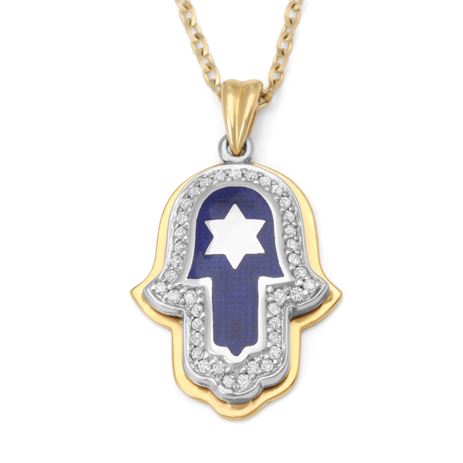 Anbinder Jewelry 14K Gold Star of David Hamsa Diamond Pendant with Blue Enamel - 1