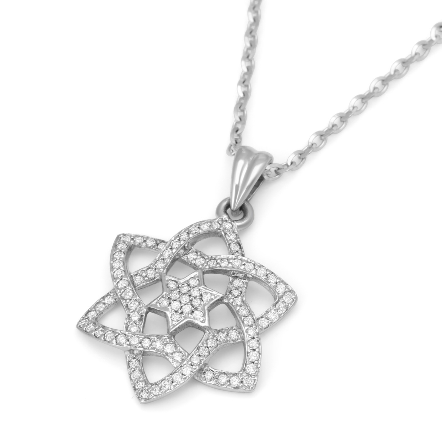 14K Gold Stylized Star of David Pendant with Diamonds and Central Star - 1