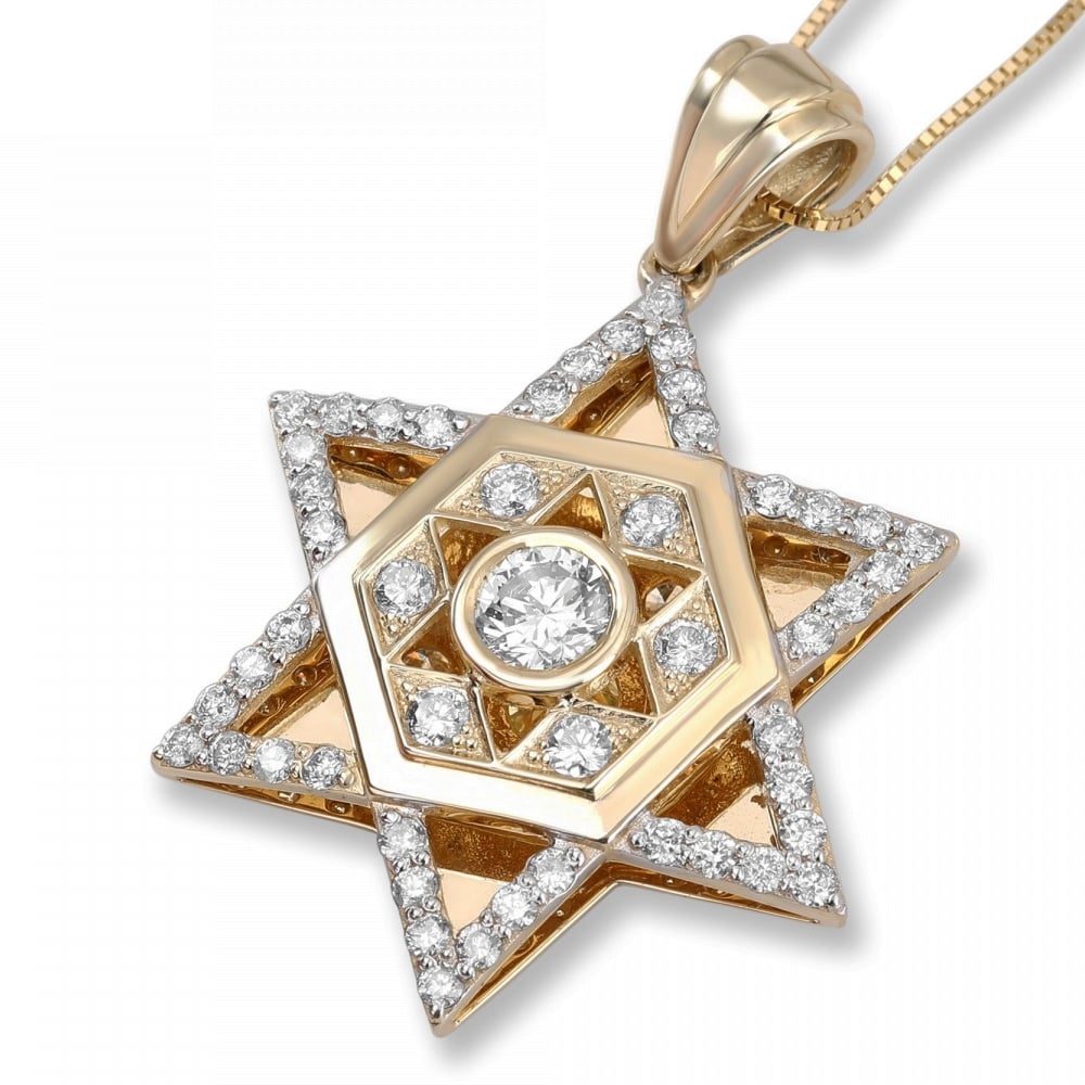 14K Gold and Diamond Star of David Pendant with Central Hexagon and Smaller Star - 1