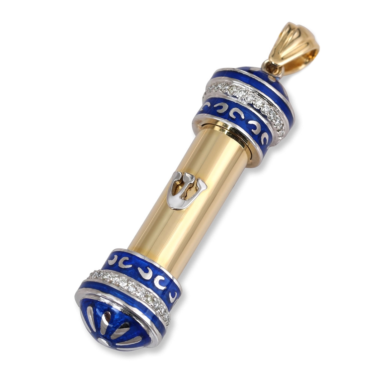 14K Yellow Gold and Blue Enamel Diamonds Mezuzah Pendant with Shin for Men - 1