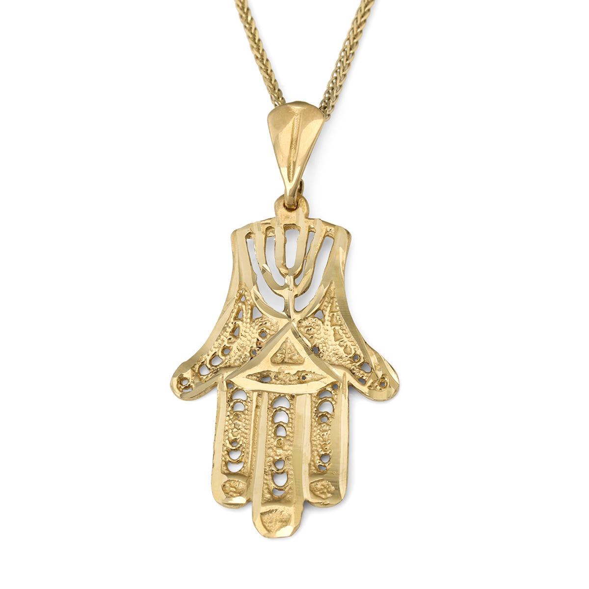 14K Gold Women’s Filigree Hamsa Pendant with Menorah Design - 1