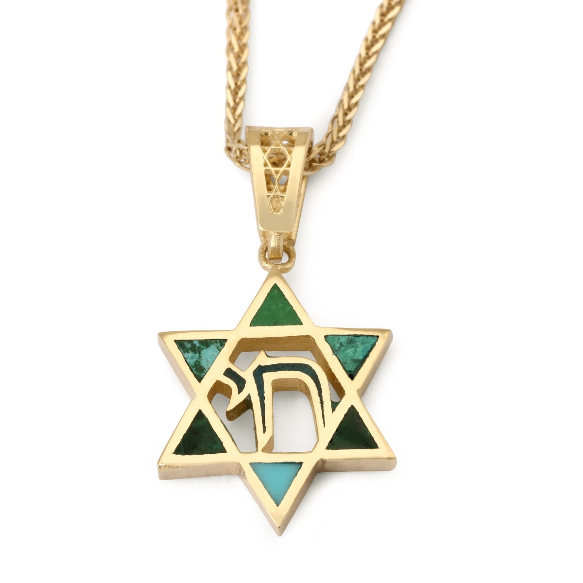 Dainty 14K Yellow Gold Star of David Pendant with Chai and Eilat Stone - 1