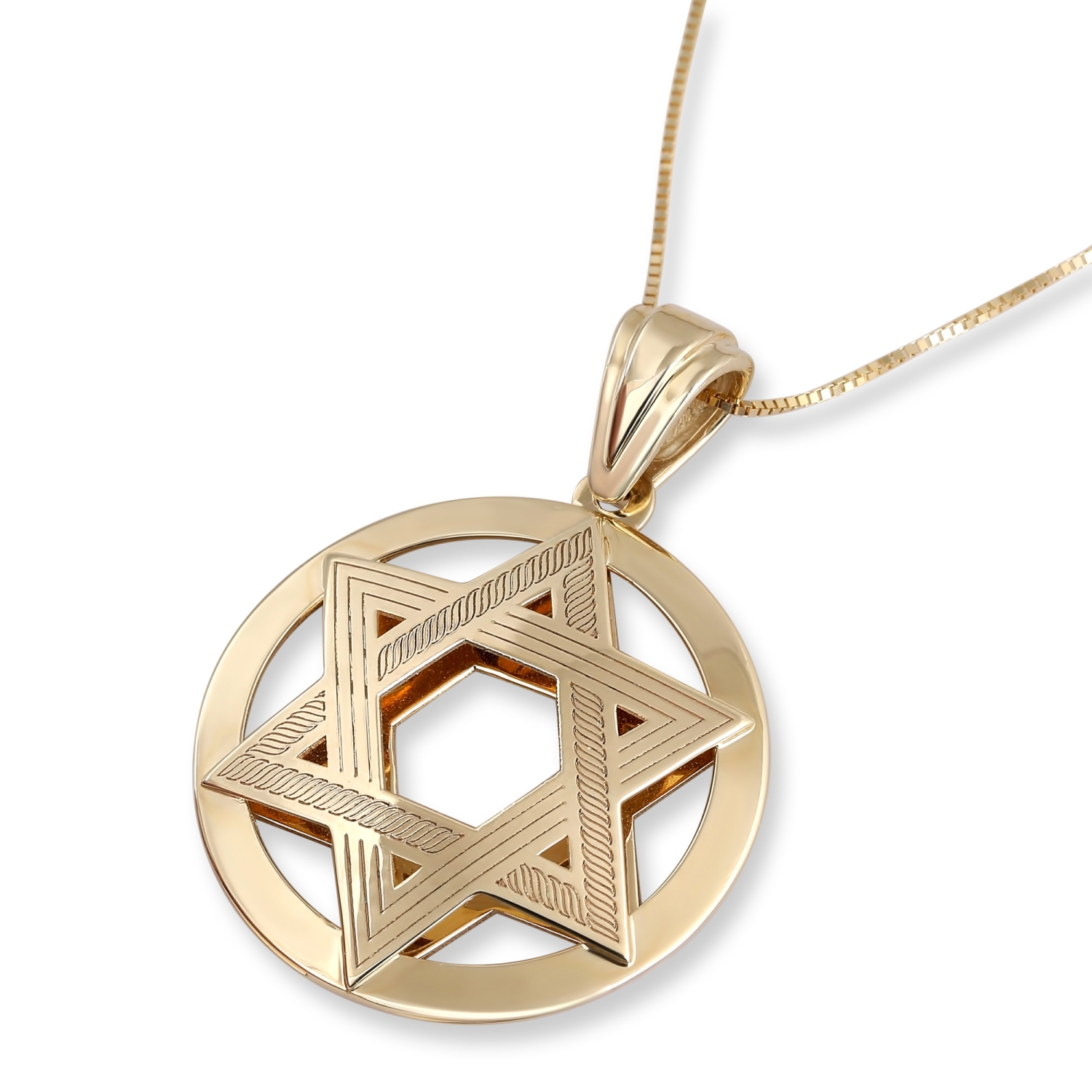 14K Yellow Gold Star of David Pendant with Round Frame - 1