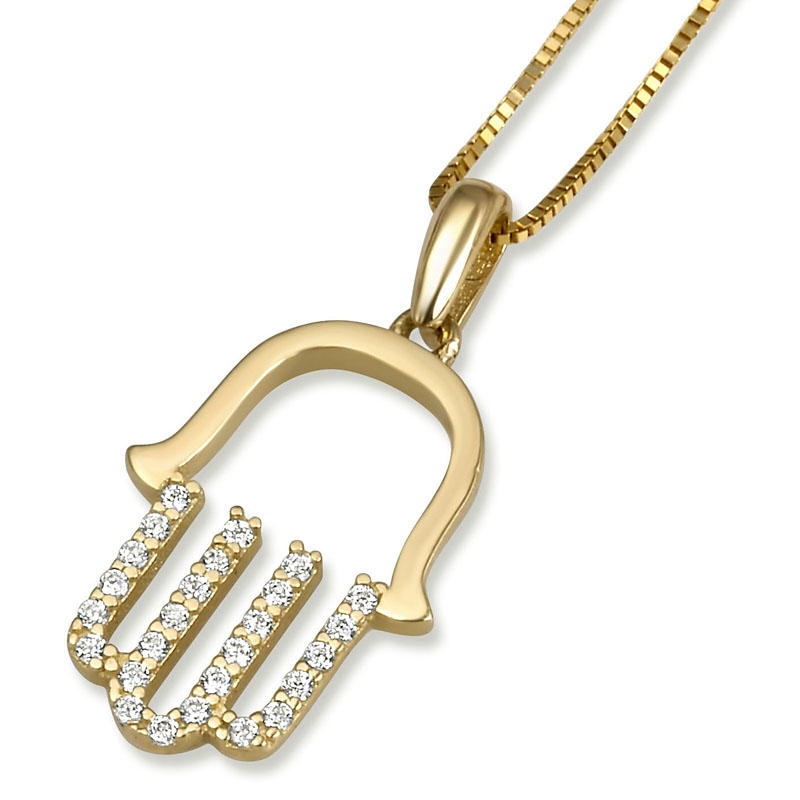 14K Gold Hamsa Pendant with Cubic Zirconia Stones (Available in White or Yellow Gold) - 1