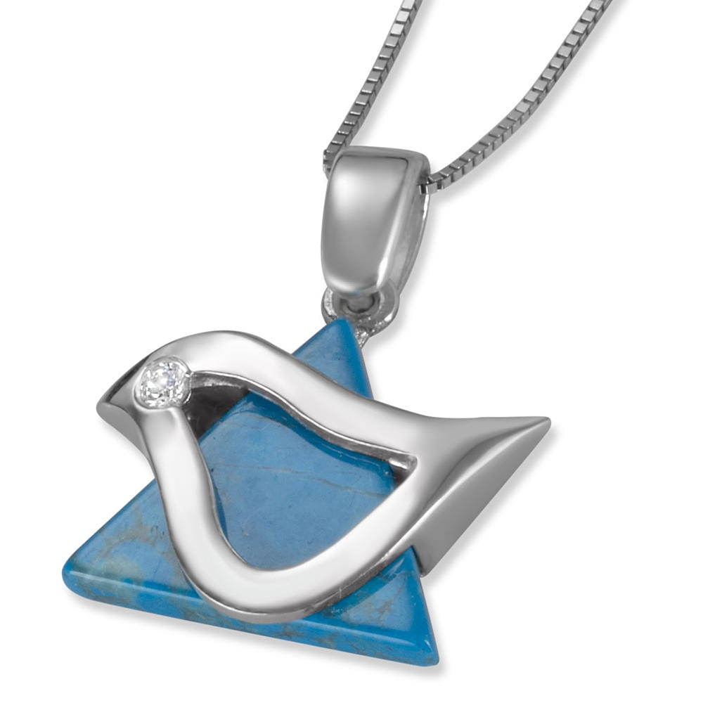 Star of David Dove: Silver Necklace with Blue Agate and Cubic Zirconia Diamond - 1