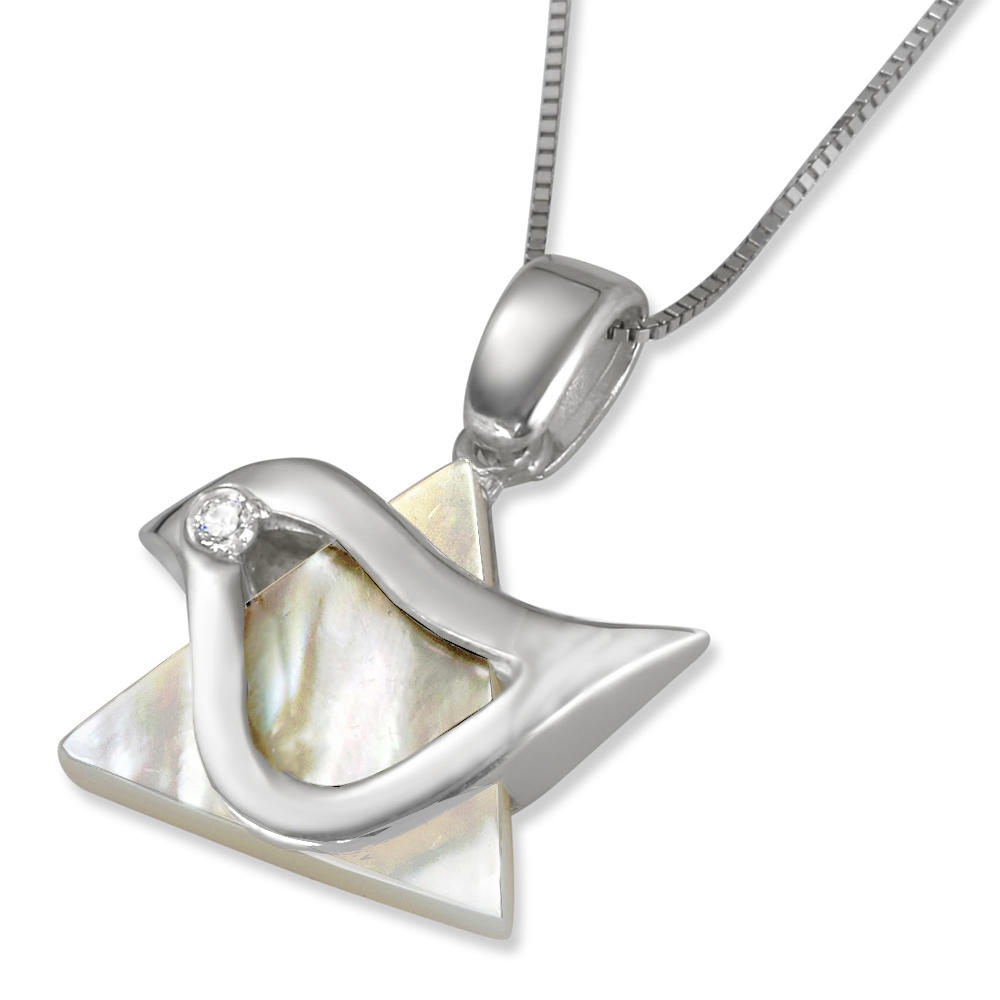 Star of David Dove: Silver Necklace with Mother of Pearl and Cubic Zirconia Diamond - 1