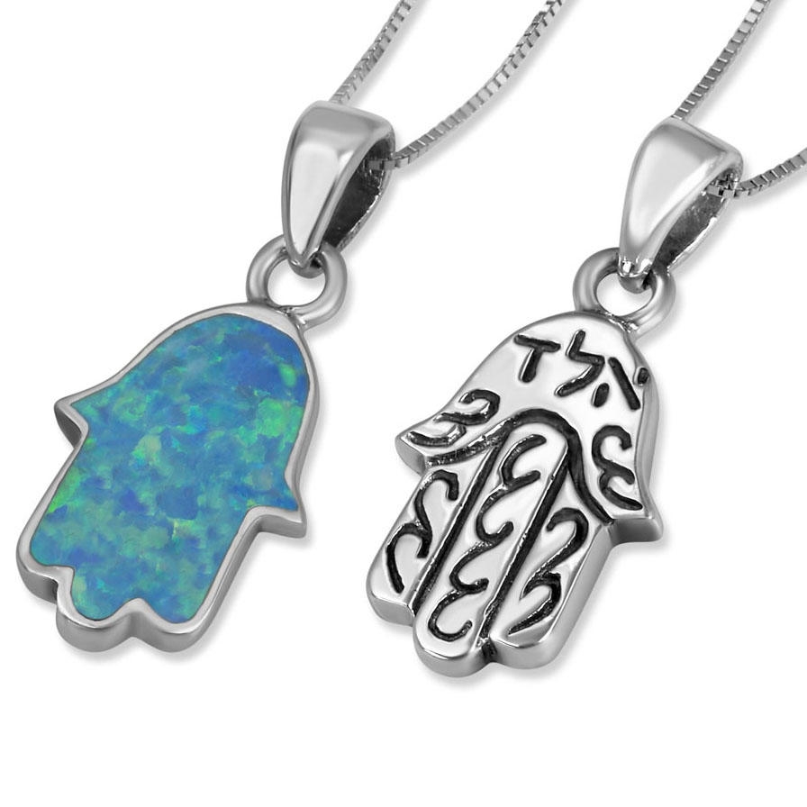 Sterling Silver Double Sided Hamsa Necklace with Opal - 1