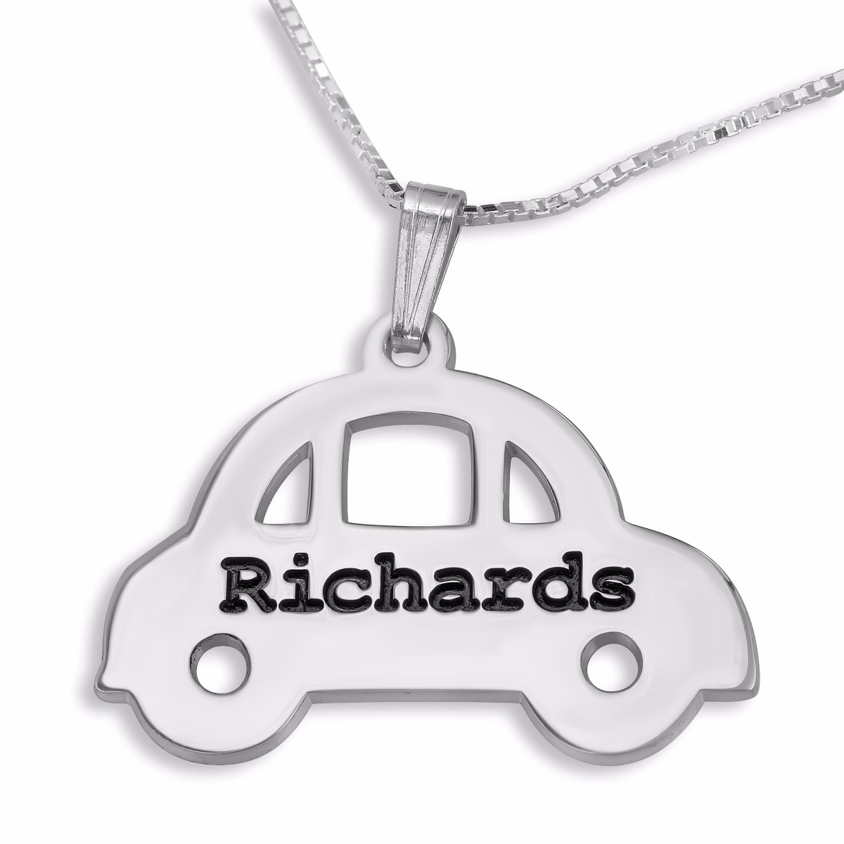 Double Thickness Silver Car Name Necklace (English/Hebrew)  - 1