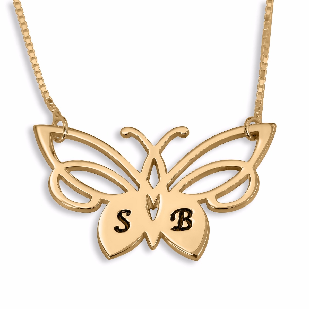 Double Thickness Gold-Plated Butterfly Initials Necklace (English/Hebrew)  - 1