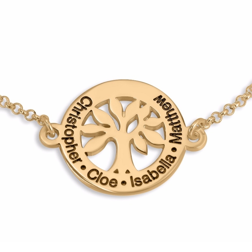 Double Thickness Family Tree Gold-Plated Name Bracelet (English/Hebrew) - 1
