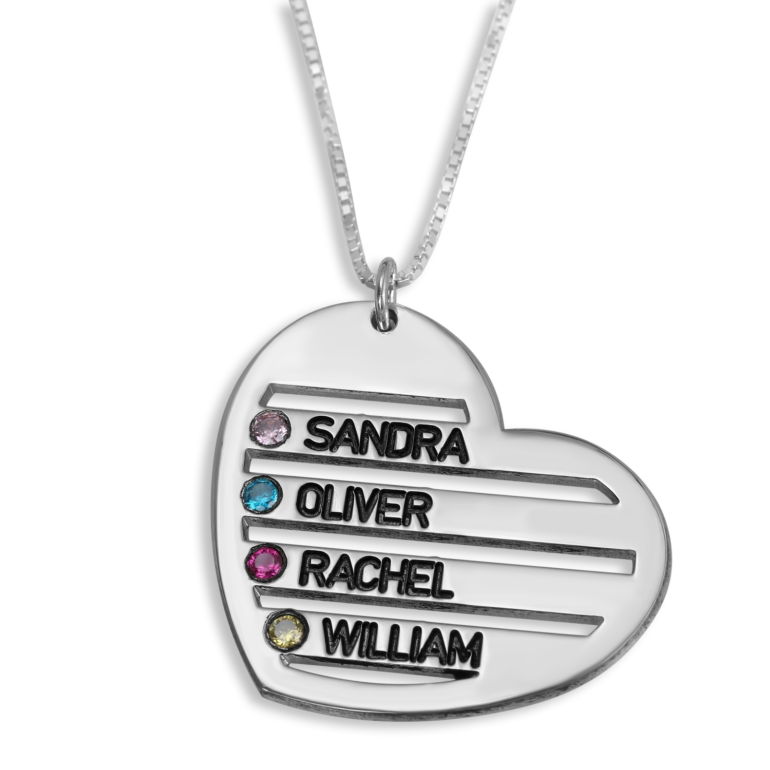 Sterling Silver English / Hebrew up to Four Kids' Names Heart Mom Necklace with Birthstones - Color Option - 2