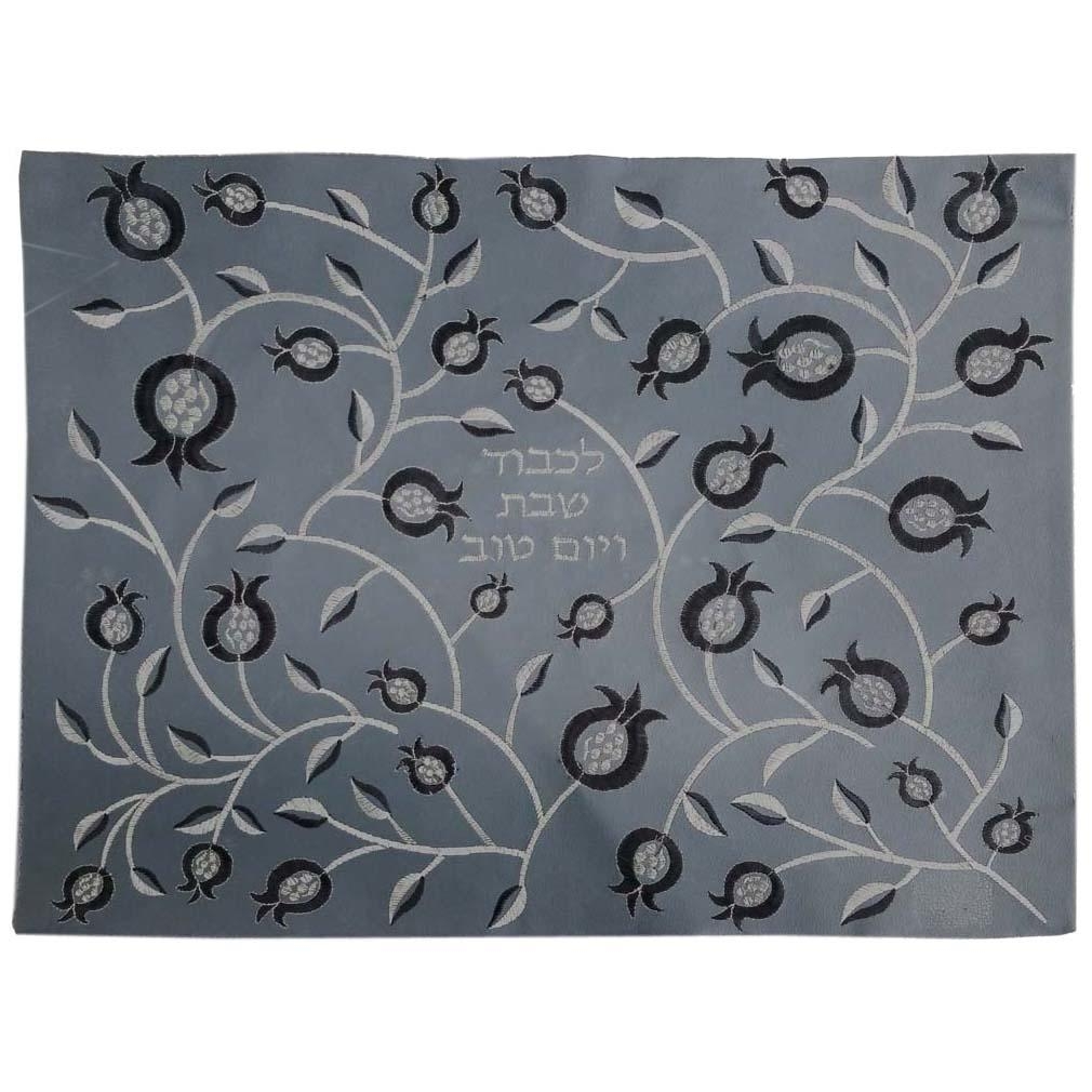 Grey Leather Challah Cover with Grey-Scale Pomgranates - 1