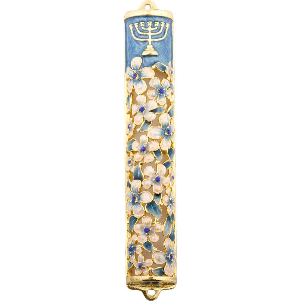 Enameled Jeweled Menorah and Flower Mezuzah Case - Medium, Blue - 1