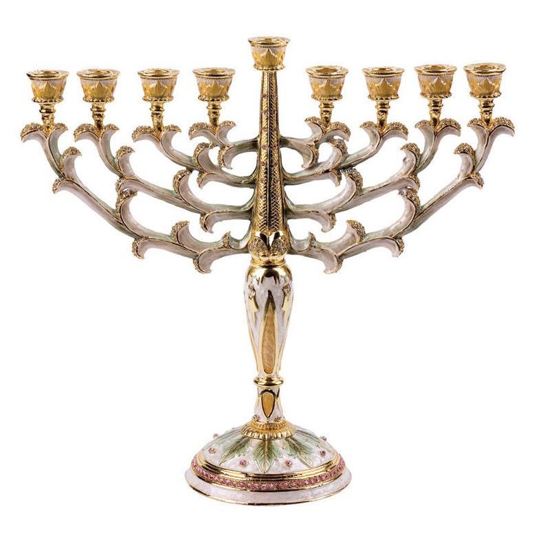 Enameled and Jeweled Pewter Menorah - Ivory with Amber Crystals - 1