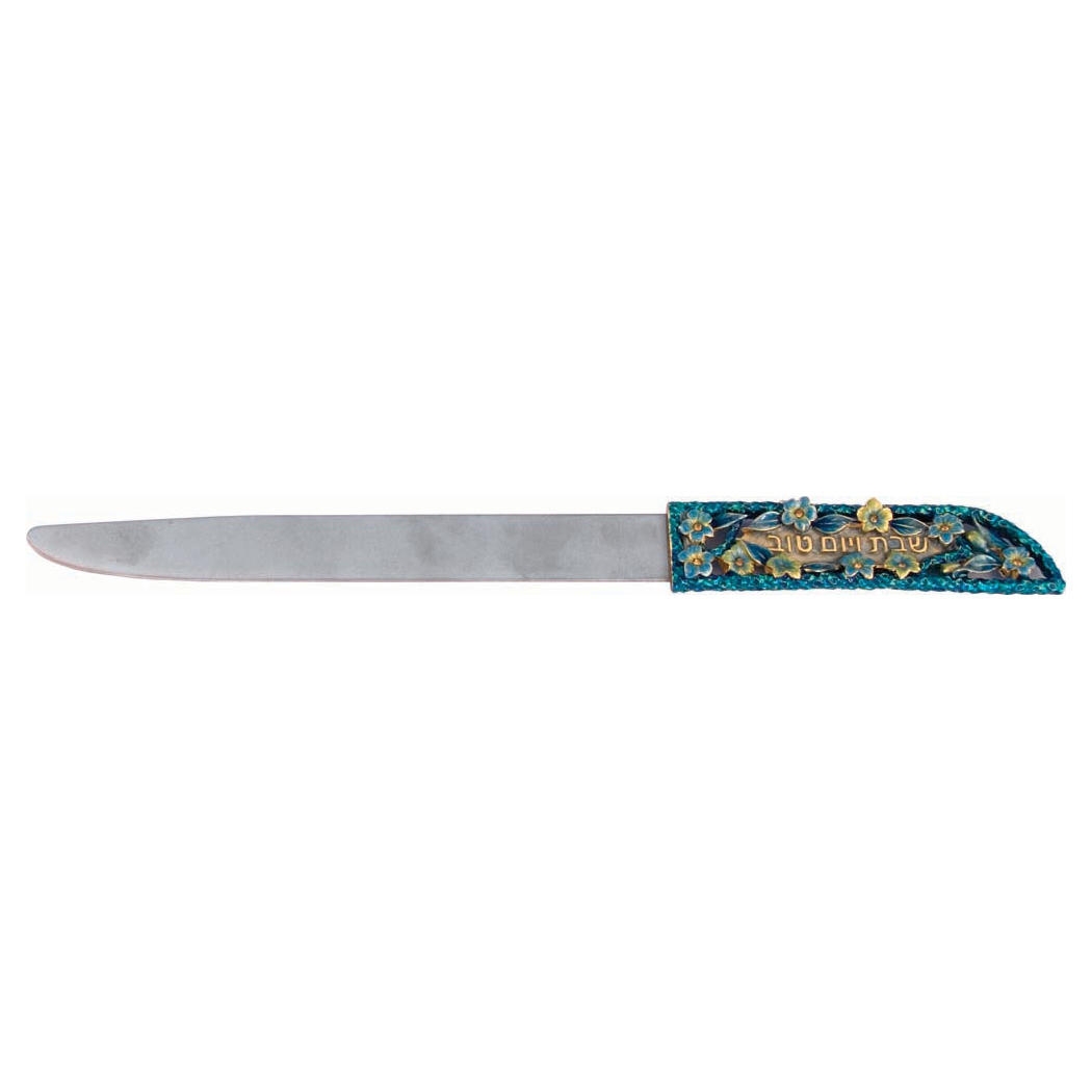 24K Gold Plated Challah Knife - Turquoise Enamel with Amber Crystals - 1