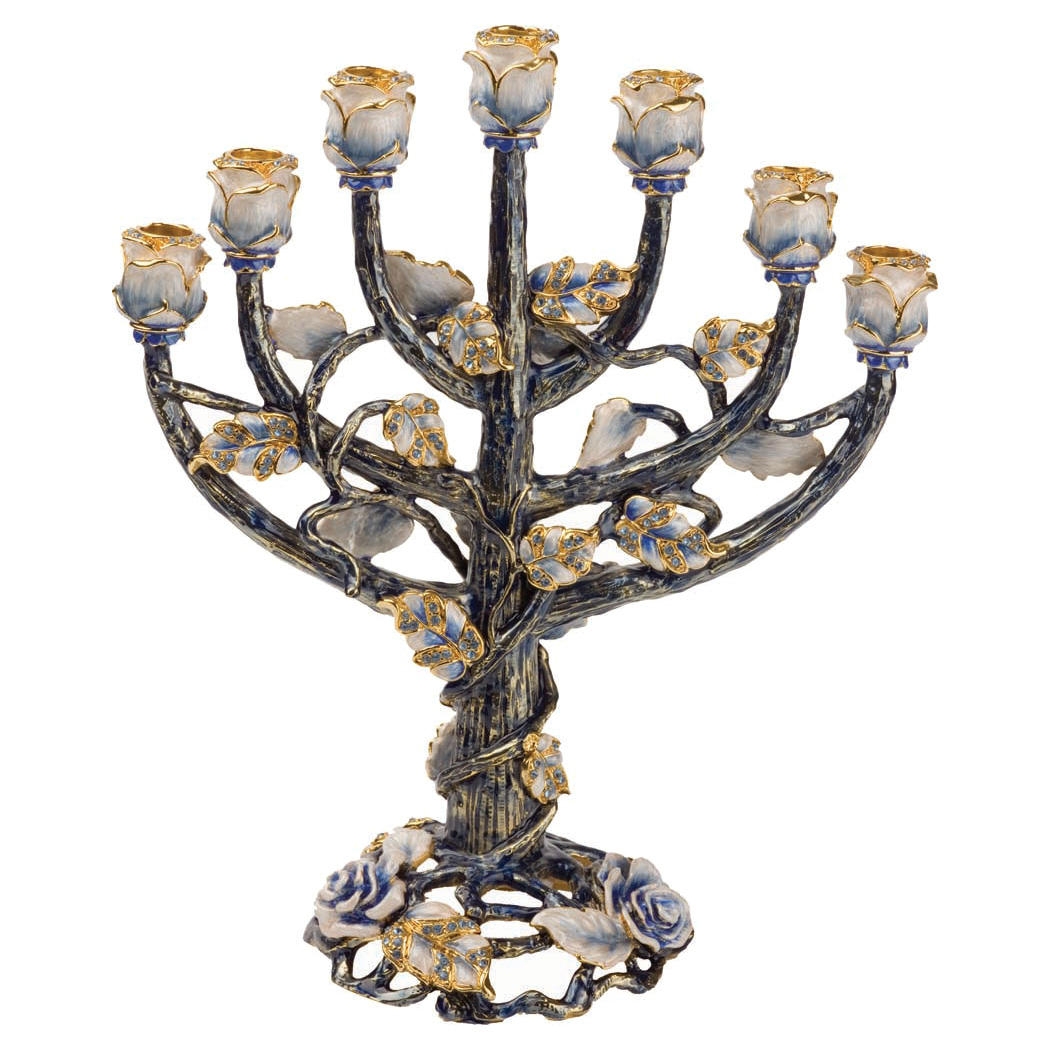 24K Gold Plated Roses Menorah - Turquoise with Sapphire Crystals - 1
