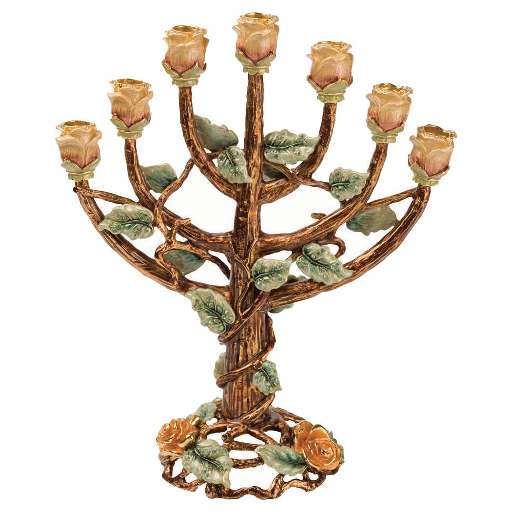 24K Gold Plated Roses Menorah - Brown with Emerald Crystals - 1