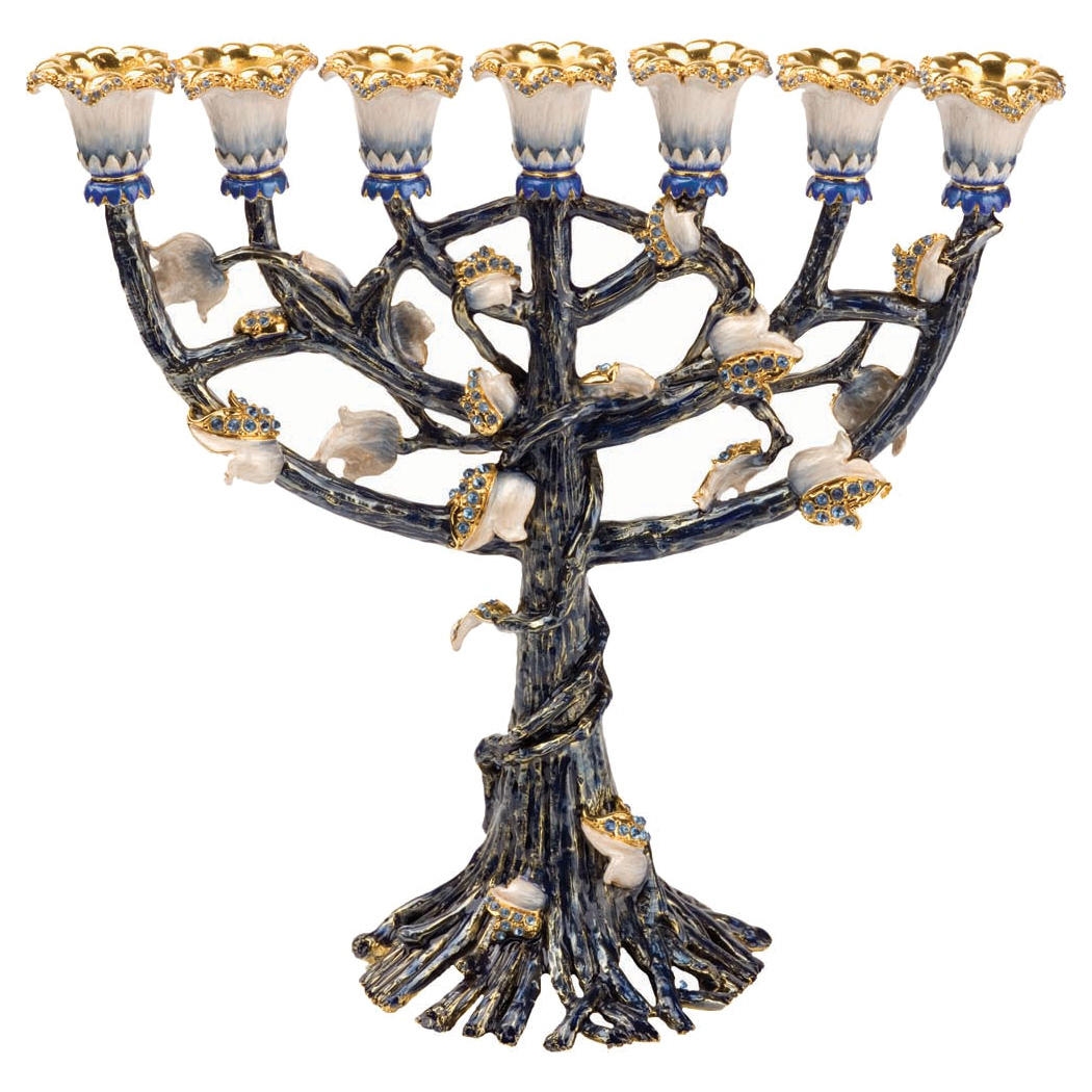 24k Gold Plated Fleur-de-Lis Menorah - Turquoise with Sapphire Crystals - 1